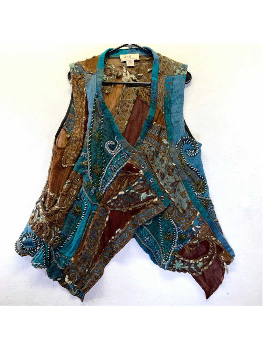 Vintage Boho 100% Wool Patchwork Vest Womens XL Multicolor Lagenlook Hippie Folk